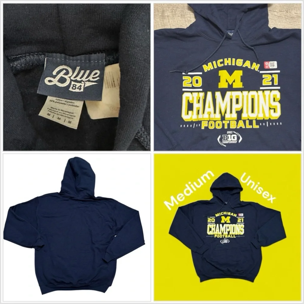 Men’s Michigan Wolverines NCAA Medium Hoodie Blue Long Sleeve Kangaroo Pockets